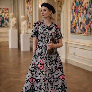 BURU Donna Day Gown | Artful Ikat Cotton Poplin Midi Dress | M